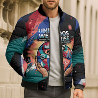 Hispanic Heritage Month Unidos We Rise Bomber Puffer Jacket Vibrant Sunflower Flags - Globe Graphic With Splatter Paint