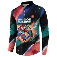 Hispanic Heritage Month Unidos We Rise Button Sweatshirt Vibrant Sunflower Flags - Globe Graphic With Splatter Paint