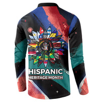Hispanic Heritage Month Unidos We Rise Button Sweatshirt Vibrant Sunflower Flags - Globe Graphic With Splatter Paint