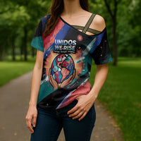 Hispanic Heritage Month Unidos We Rise Cross Shoulder Shirt Vibrant Sunflower Flags - Globe Graphic With Splatter Paint