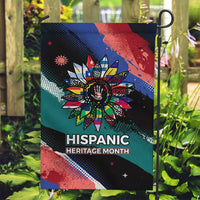 Hispanic Heritage Month Unidos We Rise Garden Flag Vibrant Sunflower Flags - Globe Graphic With Splatter Paint