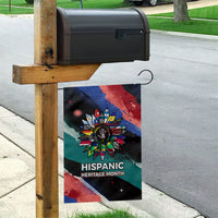 Hispanic Heritage Month Unidos We Rise Garden Flag Vibrant Sunflower Flags - Globe Graphic With Splatter Paint