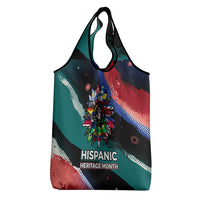 Hispanic Heritage Month Unidos We Rise Grocery Bag Vibrant Sunflower Flags - Globe Graphic With Splatter Paint