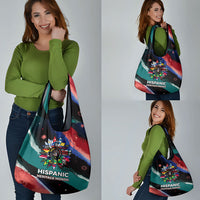 Hispanic Heritage Month Unidos We Rise Grocery Bag Vibrant Sunflower Flags - Globe Graphic With Splatter Paint