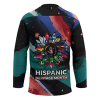 Hispanic Heritage Month Unidos We Rise Hockey Jersey Vibrant Sunflower Flags - Globe Graphic With Splatter Paint