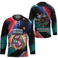 Hispanic Heritage Month Unidos We Rise Hockey Jersey Vibrant Sunflower Flags - Globe Graphic With Splatter Paint