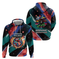 Hispanic Heritage Month Unidos We Rise Hoodie Vibrant Sunflower Flags - Globe Graphic With Splatter Paint