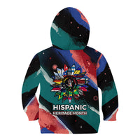 Hispanic Heritage Month Unidos We Rise Kid Hoodie Vibrant Sunflower Flags - Globe Graphic With Splatter Paint