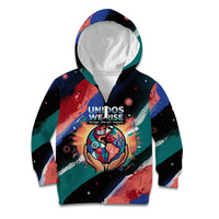 Hispanic Heritage Month Unidos We Rise Kid Hoodie Vibrant Sunflower Flags - Globe Graphic With Splatter Paint