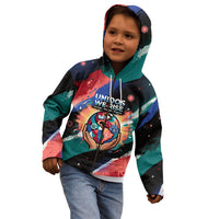 Hispanic Heritage Month Unidos We Rise Kid Hoodie Vibrant Sunflower Flags - Globe Graphic With Splatter Paint