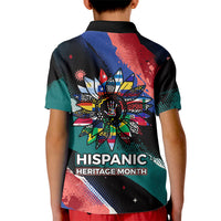 Hispanic Heritage Month Unidos We Rise Kid Polo Shirt Vibrant Sunflower Flags - Globe Graphic With Splatter Paint