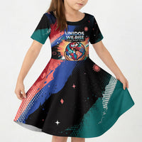 Hispanic Heritage Month Unidos We Rise Kid Short Sleeve Dress Vibrant Sunflower Flags - Globe Graphic With Splatter Paint