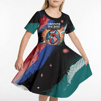 Hispanic Heritage Month Unidos We Rise Kid Short Sleeve Dress Vibrant Sunflower Flags - Globe Graphic With Splatter Paint