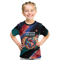 Hispanic Heritage Month Unidos We Rise Kid T Shirt Vibrant Sunflower Flags - Globe Graphic With Splatter Paint
