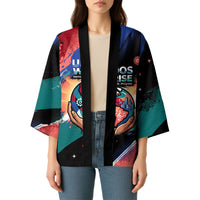 Hispanic Heritage Month Unidos We Rise Kimono Vibrant Sunflower Flags - Globe Graphic With Splatter Paint