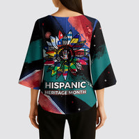 Hispanic Heritage Month Unidos We Rise Kimono Sleeve Blouse Vibrant Sunflower Flags - Globe Graphic With Splatter Paint