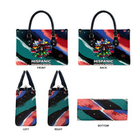 Hispanic Heritage Month Unidos We Rise Leather Bag Vibrant Sunflower Flags - Globe Graphic With Splatter Paint