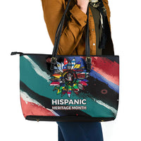 Hispanic Heritage Month Unidos We Rise Leather Tote Bag Vibrant Sunflower Flags - Globe Graphic With Splatter Paint