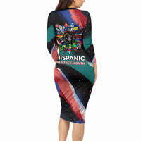 Hispanic Heritage Month Unidos We Rise Long Sleeve Bodycon Dress Vibrant Sunflower Flags - Globe Graphic With Splatter Paint