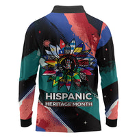Hispanic Heritage Month Unidos We Rise Long Sleeve Polo Shirt Vibrant Sunflower Flags - Globe Graphic With Splatter Paint