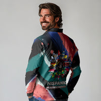 Hispanic Heritage Month Unidos We Rise Long Sleeve Polo Shirt Vibrant Sunflower Flags - Globe Graphic With Splatter Paint