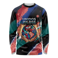 Hispanic Heritage Month Unidos We Rise Long Sleeve Shirt Vibrant Sunflower Flags - Globe Graphic With Splatter Paint
