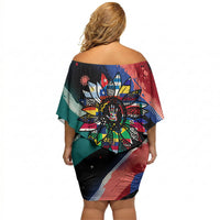 Hispanic Heritage Month Unidos We Rise Off Shoulder Short Dress Vibrant Sunflower Flags - Globe Graphic With Splatter Paint