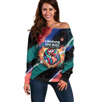Hispanic Heritage Month Unidos We Rise Off Shoulder Sweater Vibrant Sunflower Flags - Globe Graphic With Splatter Paint