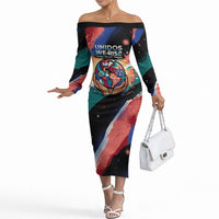 Hispanic Heritage Month Unidos We Rise Off The Shoulder Long Sleeve Dress Vibrant Sunflower Flags - Globe Graphic With Splatter Paint