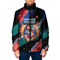 Hispanic Heritage Month Unidos We Rise Padded Jacket Vibrant Sunflower Flags - Globe Graphic With Splatter Paint