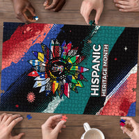 Hispanic Heritage Month Unidos We Rise Puzzle Vibrant Sunflower Flags - Globe Graphic With Splatter Paint