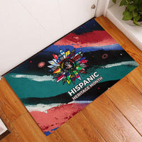 Hispanic Heritage Month Unidos We Rise Rubber Doormat Vibrant Sunflower Flags - Globe Graphic With Splatter Paint