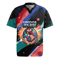 Hispanic Heritage Month Unidos We Rise Rugby Jersey Vibrant Sunflower Flags - Globe Graphic With Splatter Paint