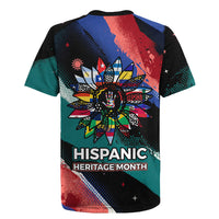 Hispanic Heritage Month Unidos We Rise Rugby Jersey Vibrant Sunflower Flags - Globe Graphic With Splatter Paint