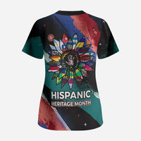 Hispanic Heritage Month Unidos We Rise Scrub Top Vibrant Sunflower Flags - Globe Graphic With Splatter Paint