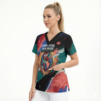 Hispanic Heritage Month Unidos We Rise Scrub Top Vibrant Sunflower Flags - Globe Graphic With Splatter Paint