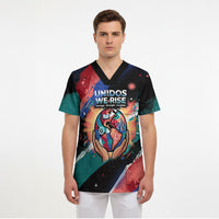 Hispanic Heritage Month Unidos We Rise Scrub Top Vibrant Sunflower Flags - Globe Graphic With Splatter Paint