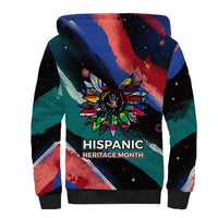 Hispanic Heritage Month Unidos We Rise Sherpa Hoodie Vibrant Sunflower Flags - Globe Graphic With Splatter Paint