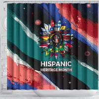 Hispanic Heritage Month Unidos We Rise Shower Curtain Vibrant Sunflower Flags - Globe Graphic With Splatter Paint