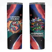 Hispanic Heritage Month Unidos We Rise Skinny Tumbler Vibrant Sunflower Flags - Globe Graphic With Splatter Paint