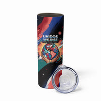 Hispanic Heritage Month Unidos We Rise Skinny Tumbler Vibrant Sunflower Flags - Globe Graphic With Splatter Paint