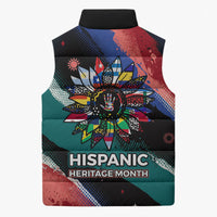 Hispanic Heritage Month Unidos We Rise Sleeveless Puffer Jacket Vibrant Sunflower Flags - Globe Graphic With Splatter Paint