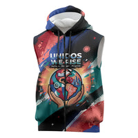 Hispanic Heritage Month Unidos We Rise Sleeveless Zip Hoodie Vibrant Sunflower Flags - Globe Graphic With Splatter Paint