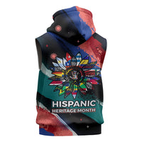 Hispanic Heritage Month Unidos We Rise Sleeveless Zip Hoodie Vibrant Sunflower Flags - Globe Graphic With Splatter Paint