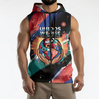 Hispanic Heritage Month Unidos We Rise Sleeveless Zip Hoodie Vibrant Sunflower Flags - Globe Graphic With Splatter Paint