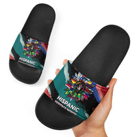 Hispanic Heritage Month Unidos We Rise Slide Sandals Vibrant Sunflower Flags - Globe Graphic With Splatter Paint