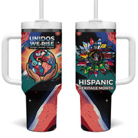 Hispanic Heritage Month Unidos We Rise Tumbler With Handle Vibrant Sunflower Flags - Globe Graphic With Splatter Paint