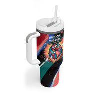 Hispanic Heritage Month Unidos We Rise Tumbler With Handle Vibrant Sunflower Flags - Globe Graphic With Splatter Paint