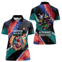 Hispanic Heritage Month Unidos We Rise Women Polo Shirt Vibrant Sunflower Flags - Globe Graphic With Splatter Paint