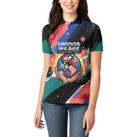 Hispanic Heritage Month Unidos We Rise Women Polo Shirt Vibrant Sunflower Flags - Globe Graphic With Splatter Paint